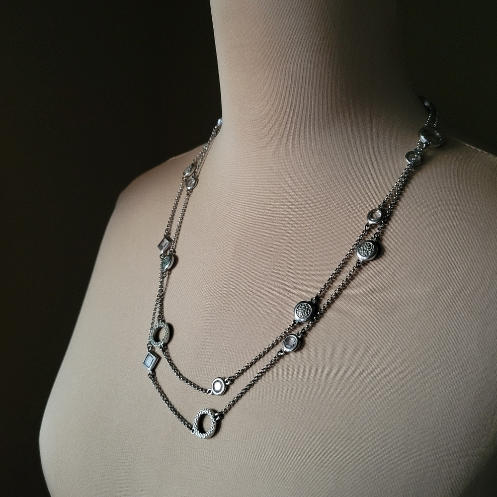 Silver Tone Double Strand Necklace Crystal Geometric Layered Boho Statement - Picture 2 of 3